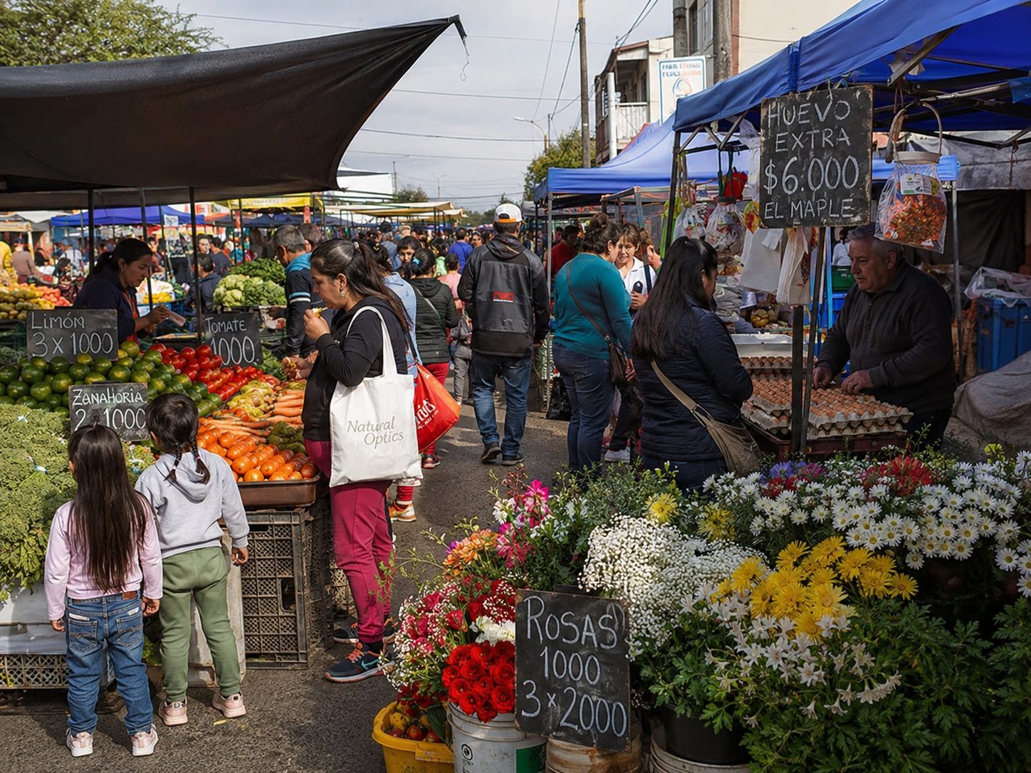 Feria libre con verduras, flores y puestos concurridos en una calle de barrio.