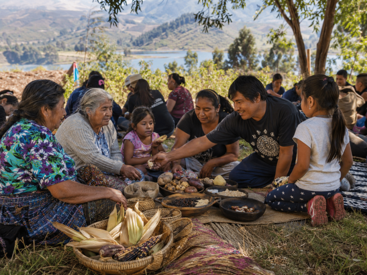 Comunidad reunida compartiendo alimentos tradicionales en un entorno natural.