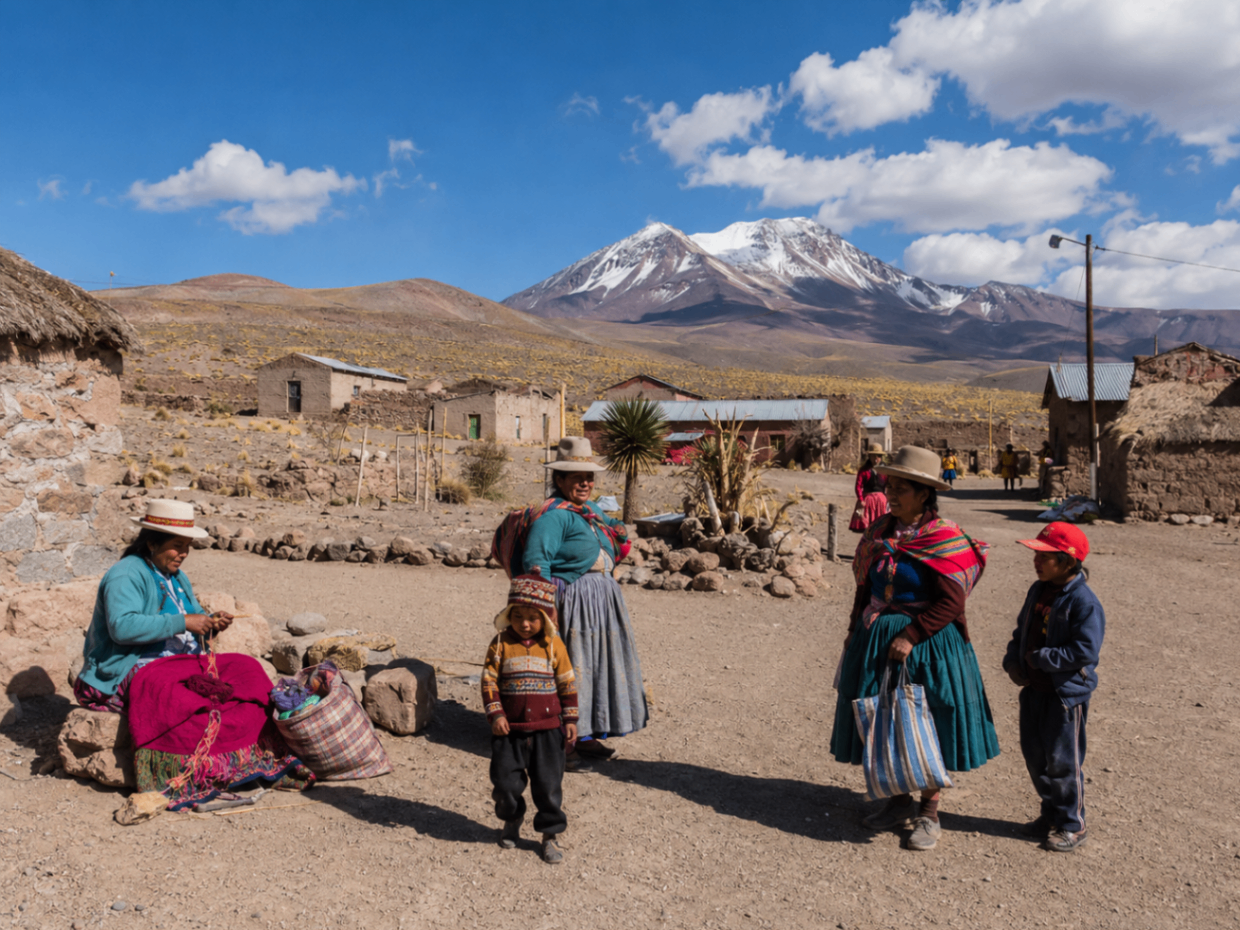 Comunidad andina en paisaje altiplánico con montañas nevadas al fondo.