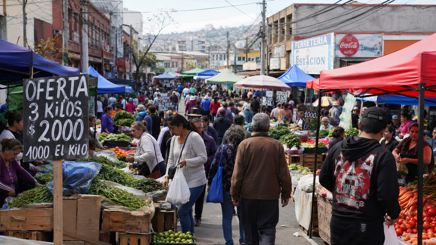 Calle llena de ferias libres con puestos y personas comprando productos frescos.