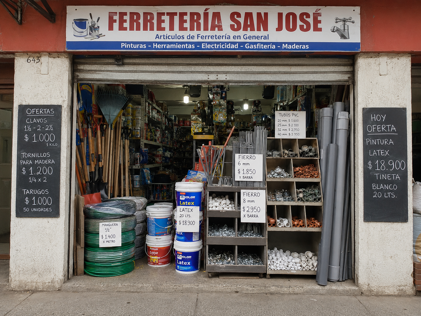Ferretería San José con herramientas y productos exhibidos en su entrada.